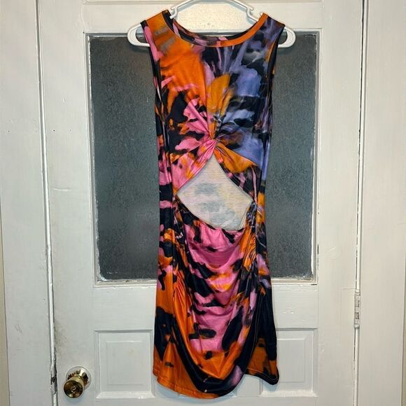 Women’s Orange Black and Pink Tie Dye Twist Cut Out Mini Dress Size Medium - Picture 1 of 5